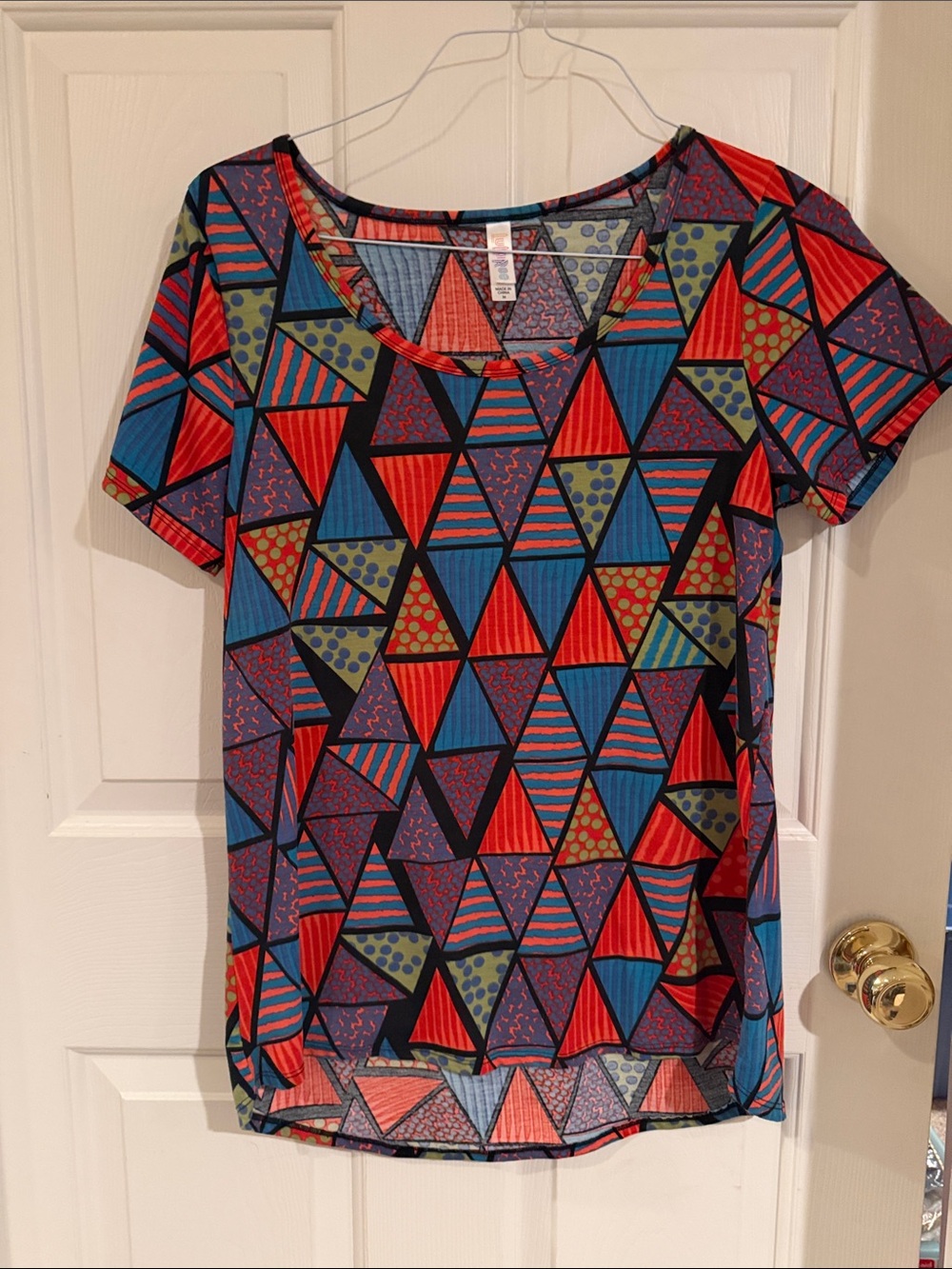 LuLaRoe Short Sleeve Geometric Triangle Print Top - Red, Blue, Green, Purple